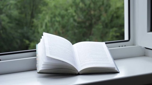 Book in front of a window in a garden
