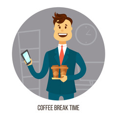 Young businessman or office worker with two cups of coffee agrees on smartphone with friends or colleagues about coffee break. Chatting Interaction Socializing Concept