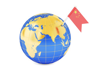 Chinese pin flag on globe map, 3D rendering