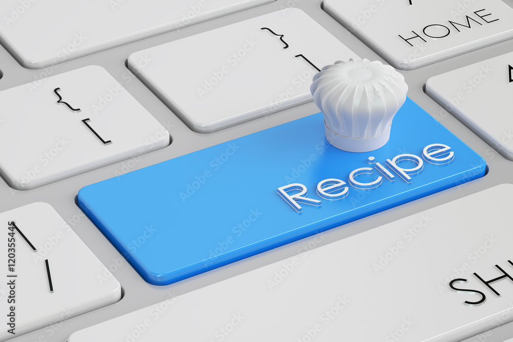 Poster recipe button on keyboard, 3d rendering