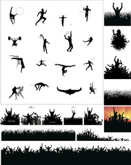 Silhouettes of athletes and posters of happy fans