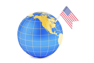 USA pin flag on globe map, 3D rendering
