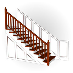 Staircase classic with wooden panel. Sample 3d. Ladder side view. Flat style. Vector illustration on a white background.
