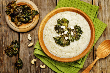 cauliflower kale soup with kale chips and cashews