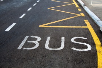 Bus lane sign painted on road.