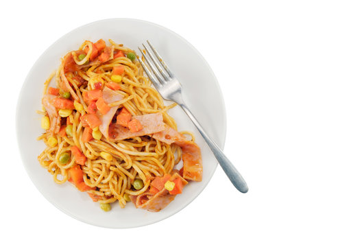 Spaghetti ham / Spaghetti ham with tomato sauce on white plate. Top view.