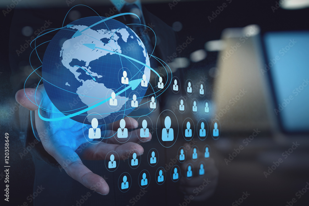 Poster double exposure of businessman working with new modern computer
