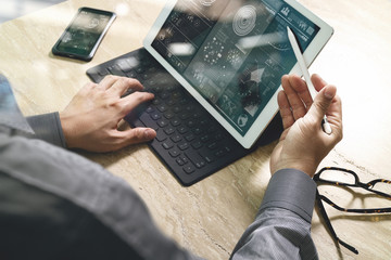 Businessman hand working concept. Photo investor working with ne