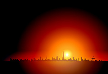 Fototapeta premium Towers In The Sky - Kuwait Skyline Silhouettes At Sunset