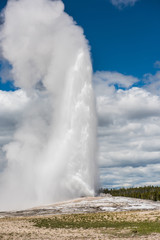 Vertical view of Old Faithful Geyser high eruption in Yellowstone National Park with steam and clouds