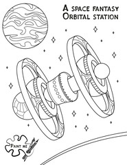 Children's coloring book that says Paint me. Orbital station