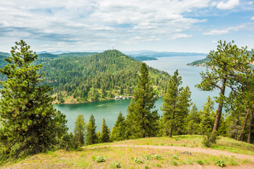 View of Coeur d'Alene lake from mountains with pine trees in Idaho from Mineral Ridge trail