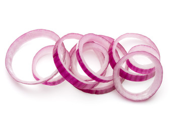 Sliced red onion rings isolated on white background cutout
