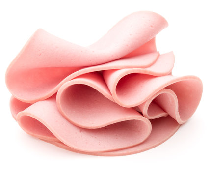 cooked boiled ham sausage or rolled bologna slices isolated on w