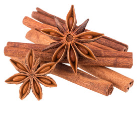 cinnamon stick and star anise spice isolated on white background