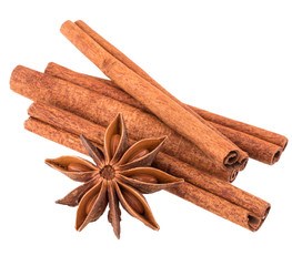 cinnamon stick and star anise spice isolated on white background