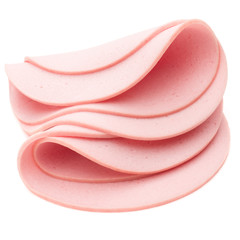 cooked boiled ham sausage or rolled bologna slices isolated on w © Natika