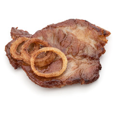 Cooked fried pork meat with onion slices garnish isolated on whi