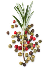 rosemary herb spice leaves and peppercorns isolated on white bac