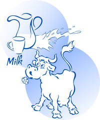 Funny cow with a jug and cup of milk, in cartoon style, on separate layers.
