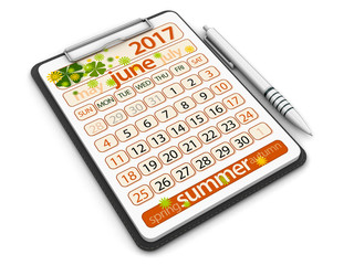 Clipboard with june 2017. Image with clipping path