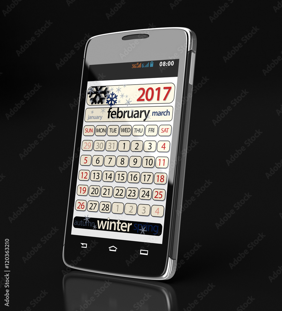 Poster touchscreen smartphone with february 2017. image with clipping path.