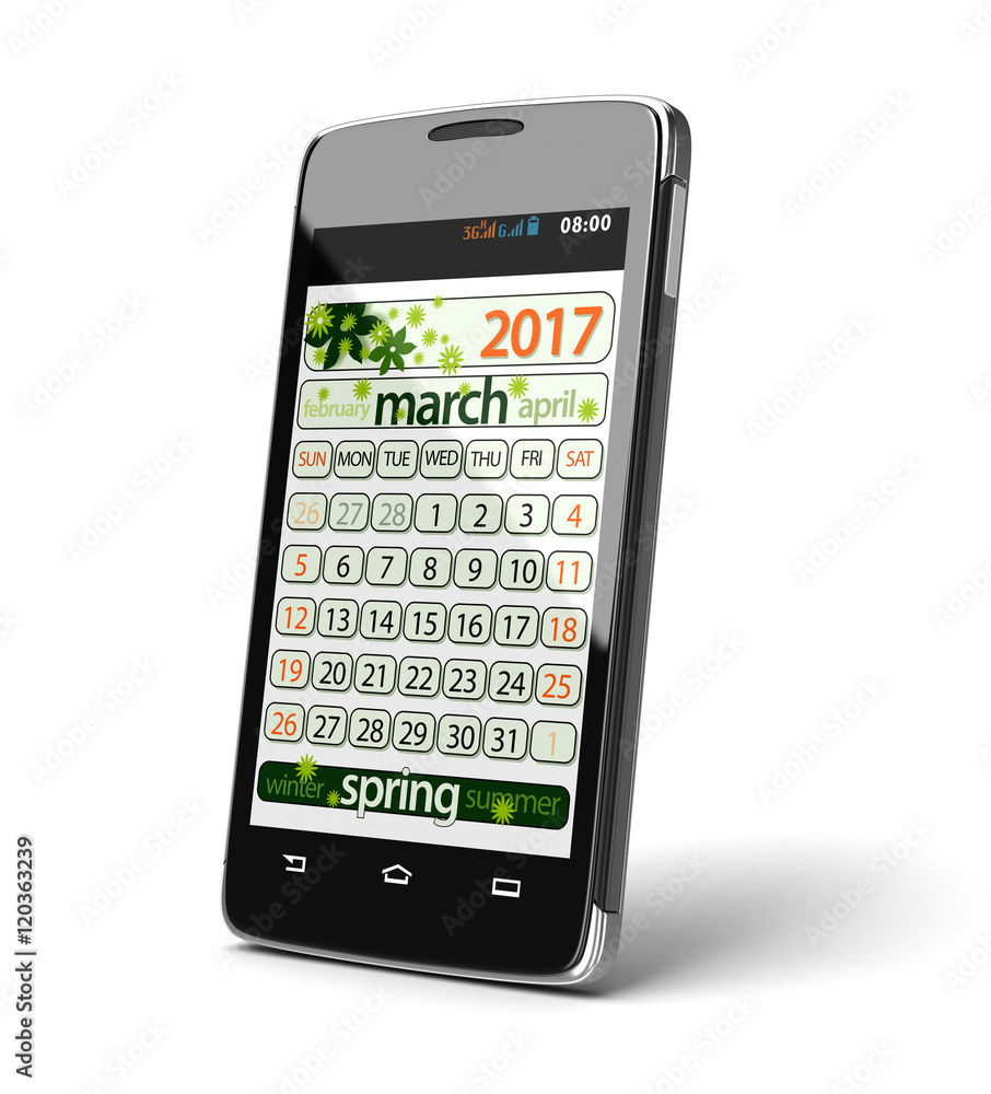 Poster touchscreen smartphone with march 2017. image with clipping path.