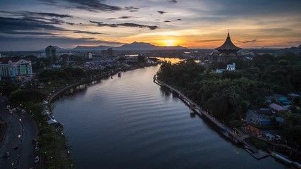 SARAWAK - JULY 15: A 4K footage of beautiful sunset with the background view of Sarawak State Legislative Assembly and Waterfront on July 15, 2016 in Sarawak.