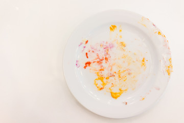 Empty white plate with crumbs and cream