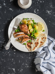 Lemon thyme baked chicken, potatoes and green peas on a white plate on a dark background. Delicious lunch