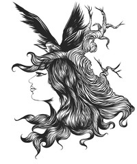Silhouette woman with raven crow vector hand drawing background