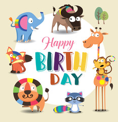 Naklejka premium Birthday card with cute wild animal