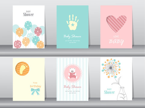 Collection of  baby shower invitation card ,balloons,hand prints,Vector illustrations