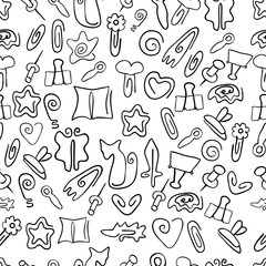 Doodle seamless pattern Back to school. Vector illustration of paper clips in the form of leaves, flowers and stars, rocket, cats, books, hedgehog