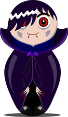 Nested doll in Dracula's suit in a violet raincoat