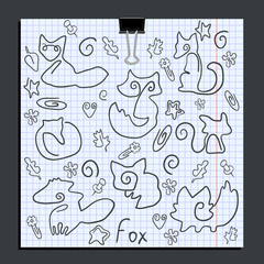 set of  paper clips of fox shapes. Back to school. Vector illustration a sheet pinned with doodle paper clips in the form of  form of leaves, flowers, stars and fox