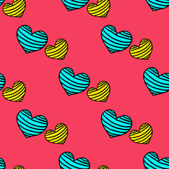 Seamless striped pattern with hearts on a pink  background