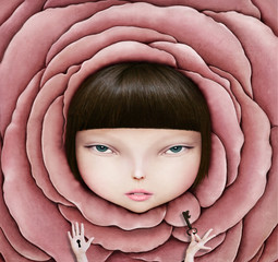 Conceptual illustration or poster with head of girl in rose petal  with  key in his hand. 