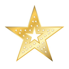 Gold american star sign. Golden bright icon isolated on white background. Elegance metal object. Metallic graphic. Design element for award, medal. Symbol holiday, christmas. Vector illustration