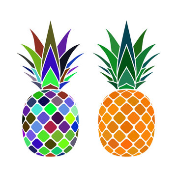 Pineapple with leaf icons set. Tropical fruits isolated on white background. Symbol of food, sweet, exotic summer, vitamin, healthy. Nature logo. Flat concept. Design element Vector illustration
