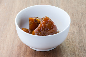 Thai dessert ,Pumpkin in syrup on white dish