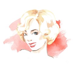 Blonde woman. Beautiful female face on red background. Watercolor painting.  Retro style