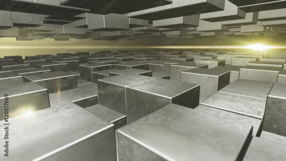 Poster seamless looping animation with metallic cubes moving up and down and a yellow light