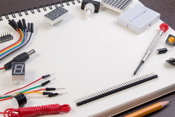 DIY Electronic Kit , Robot made on base of microcontroller with variety of sensor and tools. Closeup.