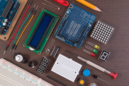 STEM education or DIY Electronic Kit , Robot made on base of microcontroller with variety of sensor and tools. Closeup.