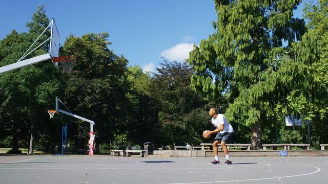 Basketball player taking free throws on an outdoor court