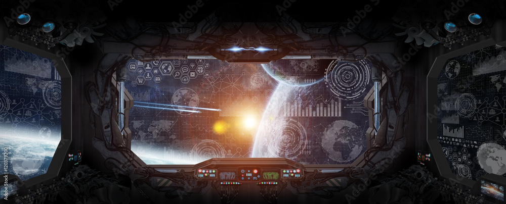 Poster View of outer space from the window of a space station
