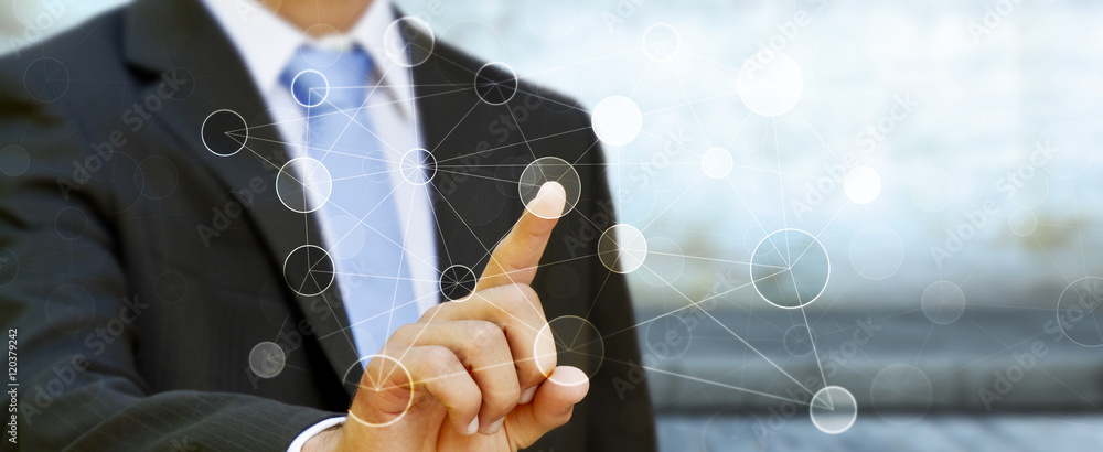 Poster businessman touching digital data network in his hand 3d renderi