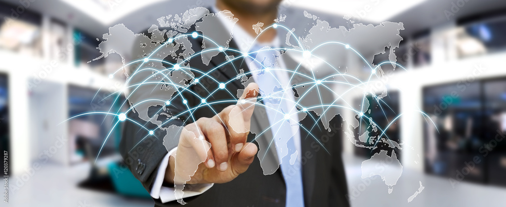 Poster businessman touching global network and data exchanges ‘3d ren
