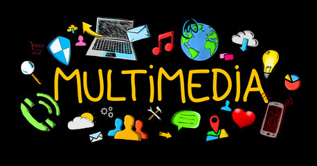 Hand drawn multimedia illustration with icons